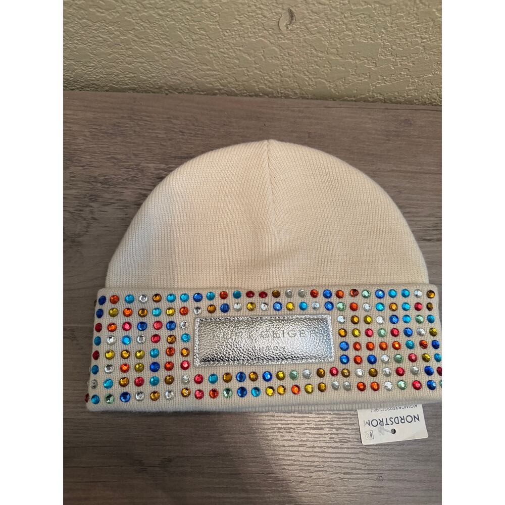 Kurt Geiger London Crystal Embellished Beanie Cream Knit Rhinestone Hat NWT